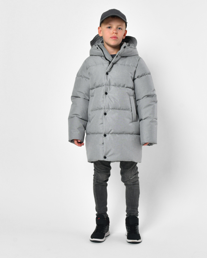 Серый пуховик для мальчика с эффектом меланжа 56305